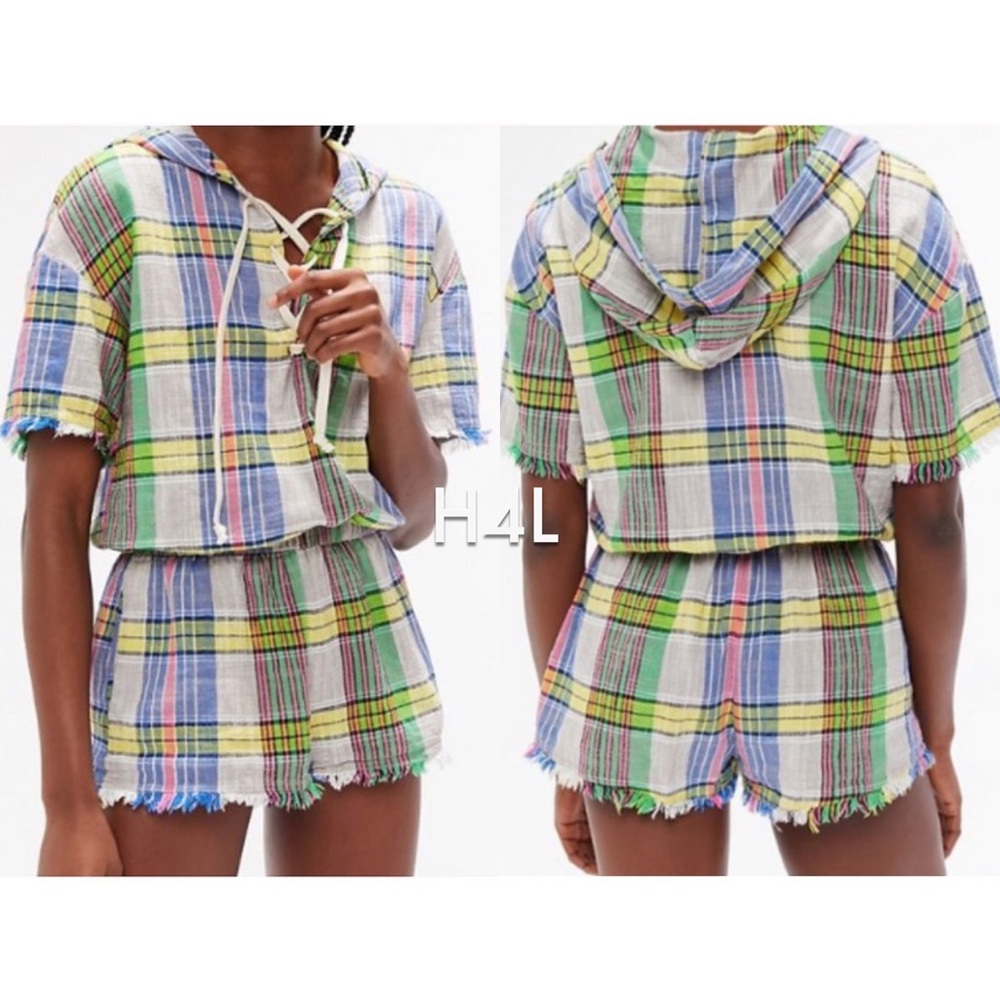 NWT UO Linen Plaid Lace Up Hoodie Frayed Romper